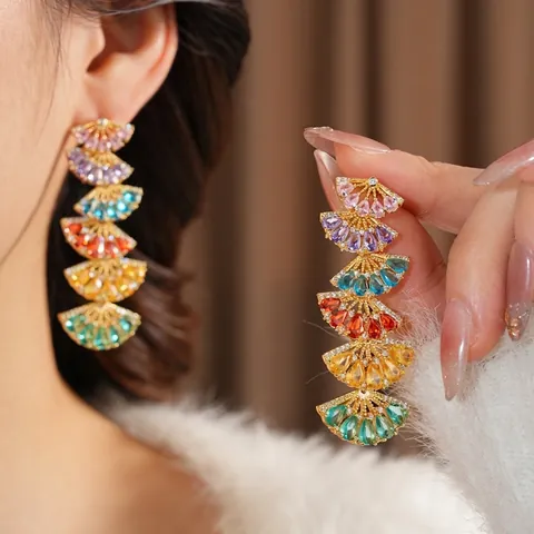 Vintage Bunte Zirkon Fächerförmige Hängeohrringe Mit Silbernem Ohrstecker Kupferbasis Boho Stil Für Damen