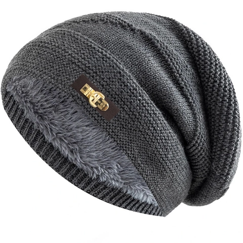 Gorro De Punto De Invierno Grueso Cálido Forrado De Piel Sintética Color Sólido Con Parche De Cuero Sintético Decoración