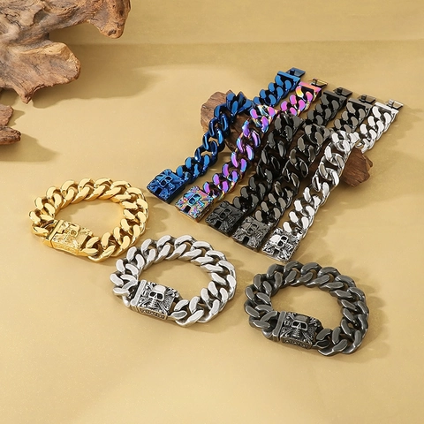 Pulsera De Cadena Cubana Para Hombre Acero Inoxidable Cierre De Calavera Punk Rock Gótico Vintage Joyería Biker