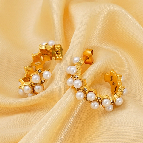 Pendientes De Aro En Forma De C Vintage Francés Para Mujer De Acero Inoxidable Chapado En Oro De 18K Con Perla Artificial Y Circón