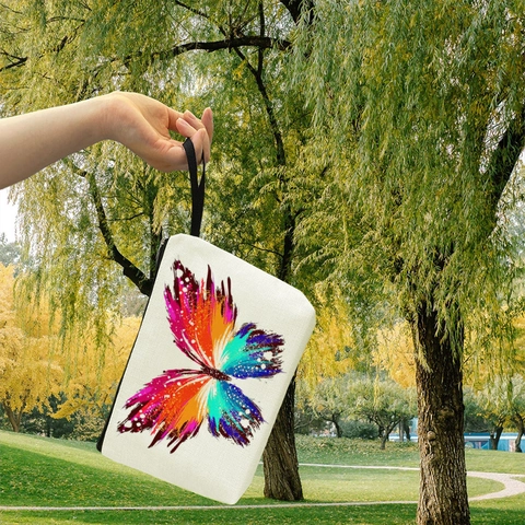 Borsa Per Trucco Con Stampa Farfalla Lino Fine Pochette Per Cosmetici Portatile Con Cerniera E Cinturino Da Polso