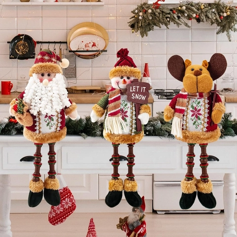 Bambole Di Natale Babbo Natale Pupazzo Di Neve Renna Tessuto Peluche Perline Legno Gambe Lunghe Decorazioni Tavolo