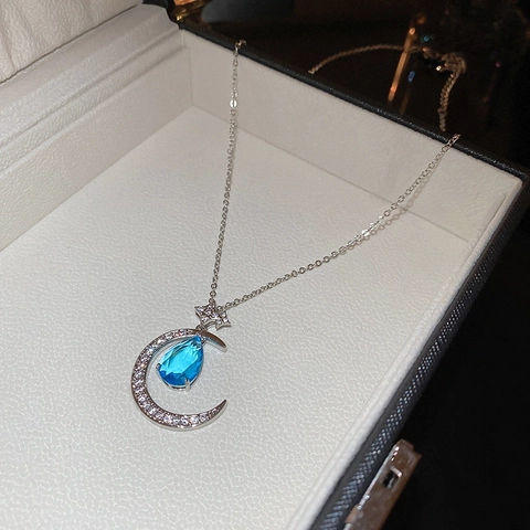 Moon Star Pendant Necklace Copper Zircon Blue Teardrop Stone Clavicle Chain Elegant Jewelry For Women Girls Silver Color