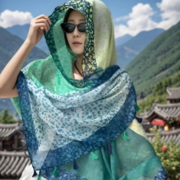 Butterfly Floral Print Scarf Lightweight Polyester Shawl With Tassels For Women Sunscreen Vacation Wrap