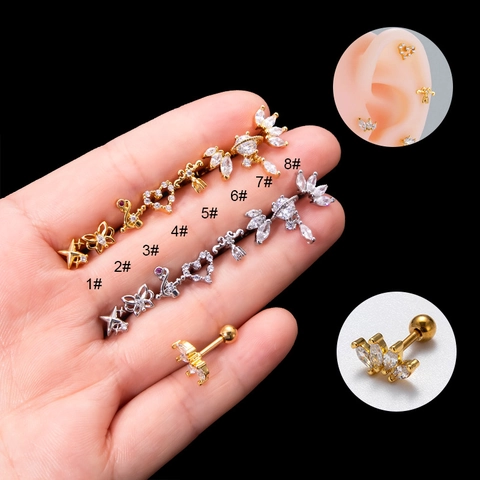 Heart Butterfly Cartilage Piercing Stud Earrings With Stainless Steel Post Copper Zircon Inlaid Screw Back Ball For Women