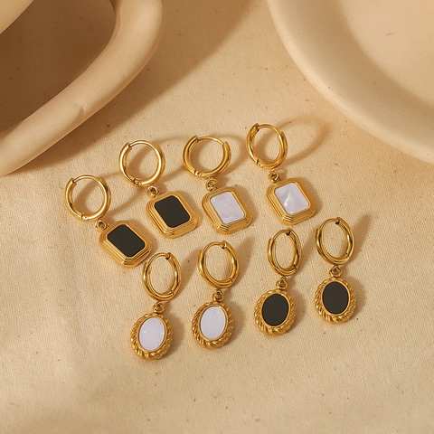 Geometric Hoop Earrings Rectangular Oval Pendants Stainless Steel 18K Gold Plated Black White Shell Vintage For Women