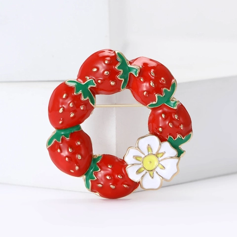 Broche Couronne Fraise Alliage Émail Douce Fleur Guirlande Bijoux Pour Femmes Costume Cardigan Accessoires