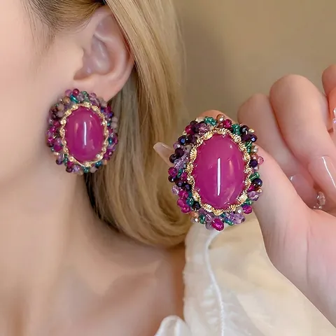 Orecchini Vintage Ovali Cristallo Artificiale Magenta Perline Colorate Lega Barocco Con Perno In Argento 925