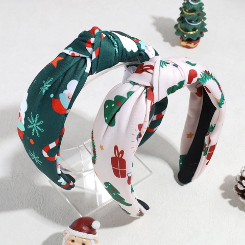 Christmas Knotted Headband Santa Claus Tree Printed Fabric Wide Hair Hoop Festive Party Hair Accessories Women Girls