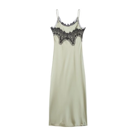Satin Maxikleid Damen Schwarz Spitzenbesatz Seitenschlitz Sexy Spaghettiträger V Ausschnitt Rückenfrei Salbeigrün