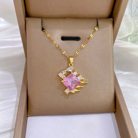 Hanger Ketting Roestvrij Staal Roze Vierkante Zirkoon Koper Verguld Luxe Elegant Voor Dames Mode Accessoire