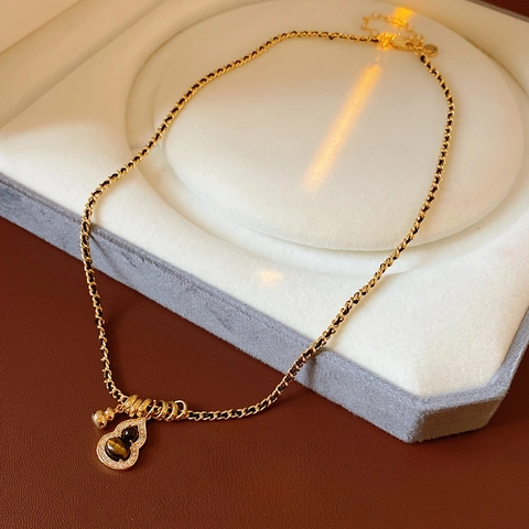 Vintage Flaschenkürbis Anhänger Kette Damen Tigerauge Stein Vergoldetes Kupfer Zirkonia Elegant Wu Lou Schmuck