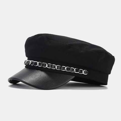 Vintage Newsboy Hat Cotton Blend PU Leather Brim Metal Chain Sailor Cap Retro Flat Top For Women Fashion