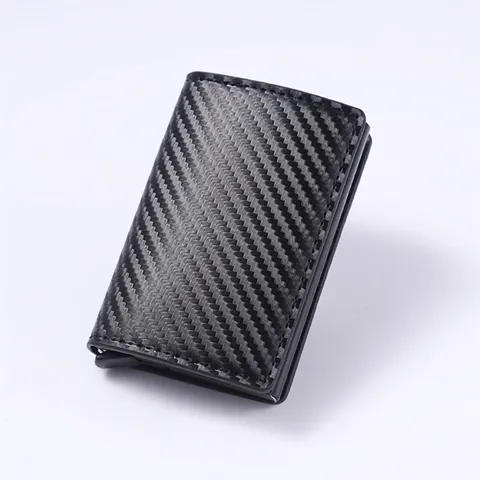 Men RFID Blocking Pop Up Card Holder Wallet Slim Minimalist Carbon Fiber Texture PU Leather Aluminum Case
