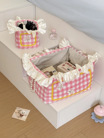 Panier De Rangement En Tissu Gingham Avec Bordure À Volants Décor Papillon Künstliche Perle Organisateur De Bureau Pour Articles Divers Style Fille