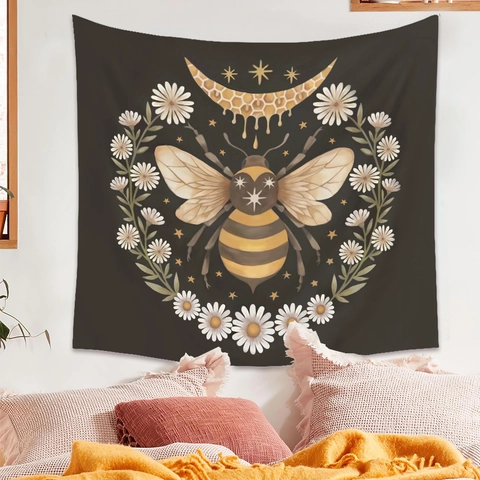 Tapisserie Murale Céleste Papillon Phase De Lune Polyester Tissu Esthétique Bohème Vintage Mystique Décoration Chambre