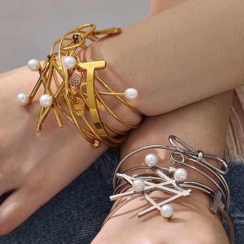 Bracelet Jonc Ouvert Géométrique en Acier Inoxydable Minimaliste pour Femmes Or Argent Électroplaqué Strass Perle Artificielle Nœud Bijoux de Mode
