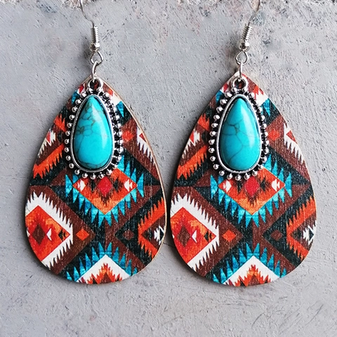 Teardrop Ohrringe Holz Türkis Legierung Inlay Ethno Azteken Boho Western Stil Retro Damen