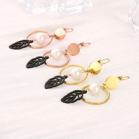 Pendientes De Gancho Gota De Acero Inoxidable 316L Perla Artificial De Concha Hoja Hueca Para Mujer Moda Elegante Minimalista
