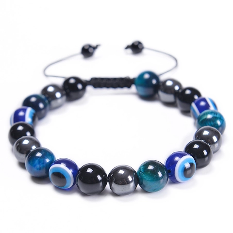 Triple Protection Bracelet Tiger Eye Stone Obsidian Hematite Evil Eye Handmade Braided Adjustable Unisex