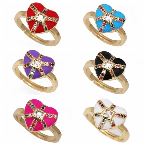 Heart Enamel Open Ring Copper Gold Plated With Colorful Zircon Micro Paved Trendy Fashion Adjustable Jewelry For Women