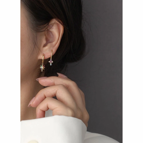925 Sterling Silver Star Hoop Earrings Colorful Zirconia Octagram Dangle Minimalist Fashion Jewelry For Women