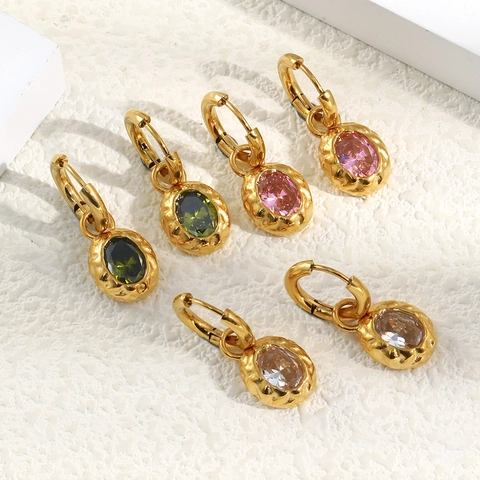 Orecchini Pendenti In Acciaio Inossidabile Placcato Oro 18K Texture Martellata Zirconia Ovale Gioielli Eleganti Da Donna