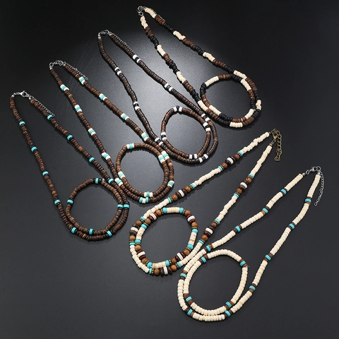 Collana E Bracciale In Perline Di Turchese E Guscio Di Cocco Naturale Stile Etnico Tribale Per Uomini Donne Gioielli