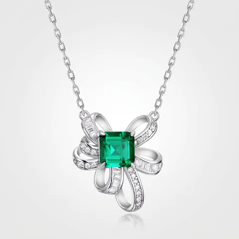 S925 Sterling Silver Lab Created Emerald Necklace For Women Elegant Bow Pendant Silver Plated Rhinestone Clavicle Jewelry