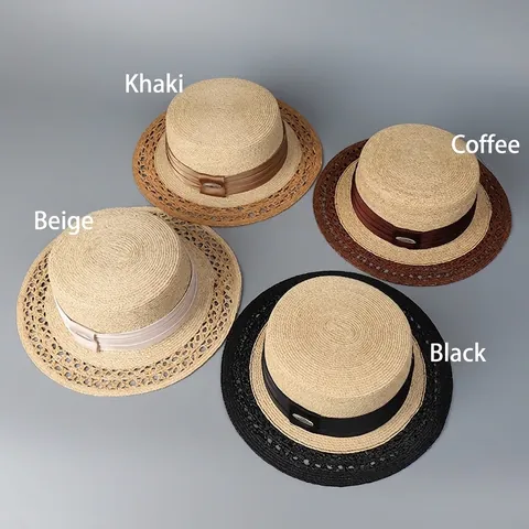 Cappello Paglia Boater Donna Raffia Tesa Larga Maglia Traforata Nastro Pieghettato Decoro Metallo Estate Protezione Solare Elegante
