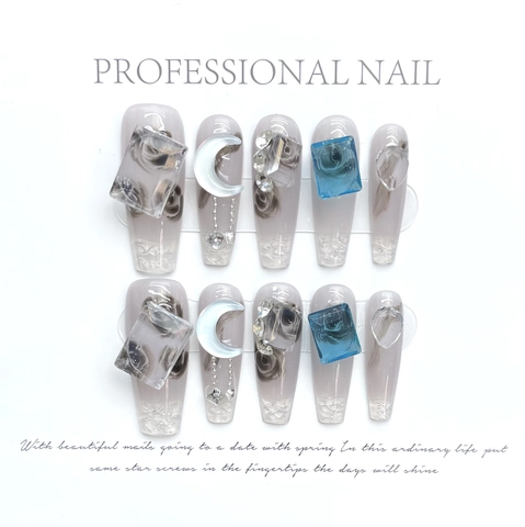 Uñas Postizas a Presión Long Coffin Hechas a Mano Diseño de Mármol Arándano Azul Gris Degradado Con Luna de Aleación y Strass