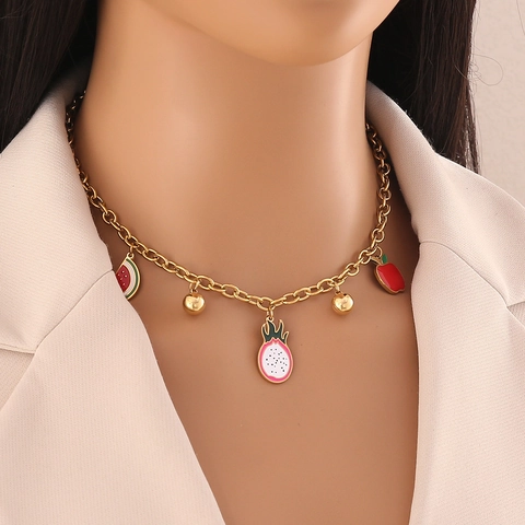 Collar Y Pulsera Con Colgante De Acero Inoxidable Frutas Verduras Esmalte Sandía Manzana Chile Maíz Joyería Chapada En Oro Para Mujeres