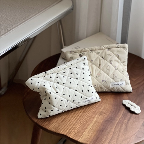 Neceser De Pana Acolchado Estampado De Corazón Floral Bolsa De Maquillaje Acolchada De Algodón Organizador De Viaje Portátil