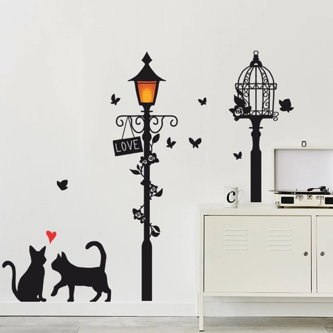 Adesivi Murali PVC Gatto Cartone Animato Lampione Gabbia Farfalla Silhouette Romantica Decorazione Casa Soggiorno Camera