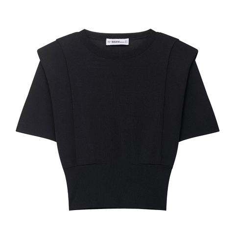 Top De Punto De Manga Corta Para Mujer Poliéster Acrílico Hombreras Cuello Redondo Dobladillo Acanalado Elegante Color Sólido