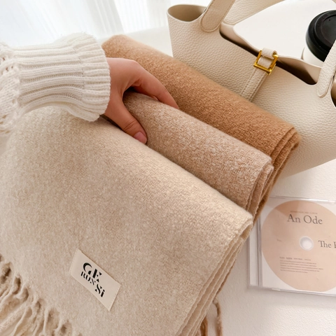 Winter Thickened Solid Color Polyester Scarf With Tassels For Women Warm Soft Faux Cashmere Texture Shawl Wrap Elegant Neck Scarf