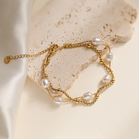 Double Layer Artificial Pearl Bracelet For Women Gold Plated Stainless Steel Layered Beaded Chain Elegant Ins Style Jewelry