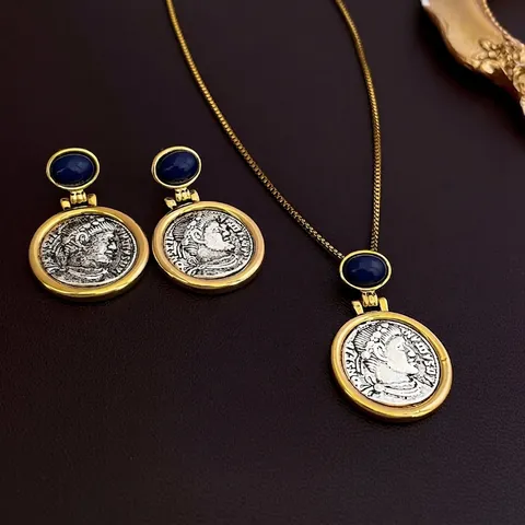 Vintage Round Coin Drop Earrings With 925 Sterling Silver Earring Post Blue Stone Portrait Relief Jewelry For Women