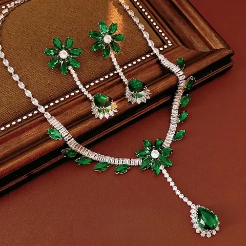 Parure De Bijoux Collier Et Boucles D'oreilles En Cuivre À Fleurs Avec Pendentif Goutte D'eau En Zircon Vert Émeraude Luxe
