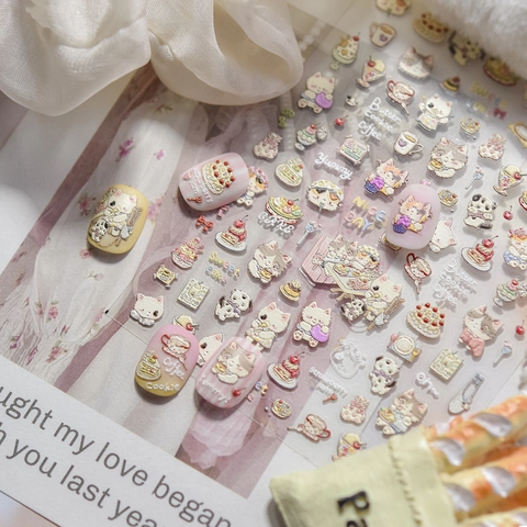 3D Embossed Nail Art Stickers PET Cartoon Cat Sweet Dessert Cake Coffee DIY Self Adhesive Manicure Decals For Women