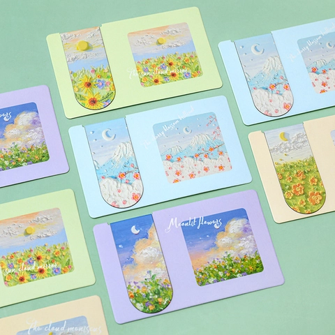 Magnetic Bookmarks Artistic 3D Relief Oil Painting Texture Floral Landscape Folding Page Marker Aesthetic Art Stationery