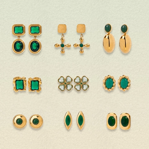 Vintage Geometric Stud Earrings For Women Stainless Steel Gold Plated Green Stone Waterproof Hypoallergenic Luxury Jewelry