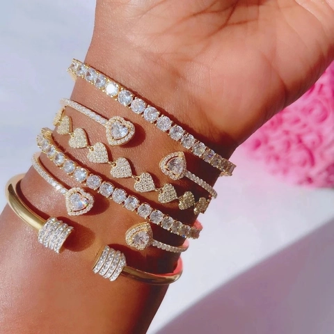 Heart Shape Open Bangle Copper Zircon CZ Adjustable Cuff Bracelet Hip Hop Punk Trendy Luxury Jewelry For Women