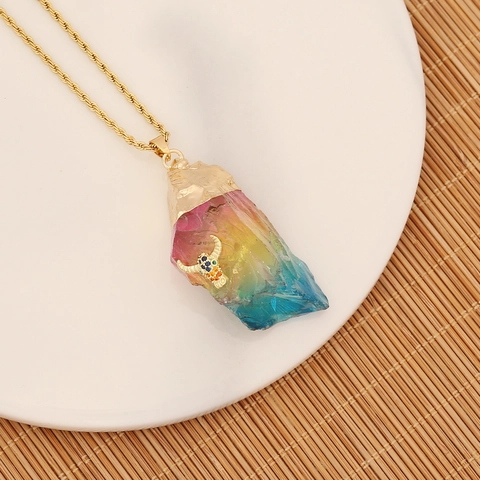Collana Con Ciondolo In Pietra Di Cristallo Naturale Roccia Arcobaleno Irregolare Catena In Acciaio Inossidabile Oro
