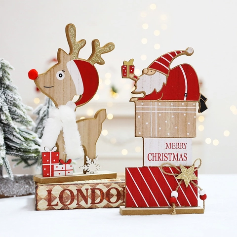 Decorazione Tavola Natalizia Renna Slitta Babbo Natale Legno Dipinto Ornamento Festivo Casa Ufficio