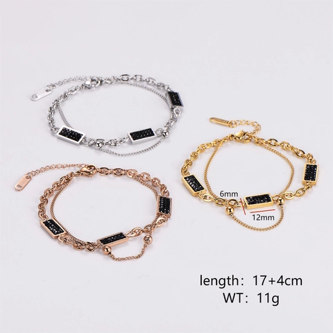Pulsera De Cadena Doble Capa De Acero Inoxydable 316L Con Colgante De Strass Negro Rectangular Estilo Hip Hop