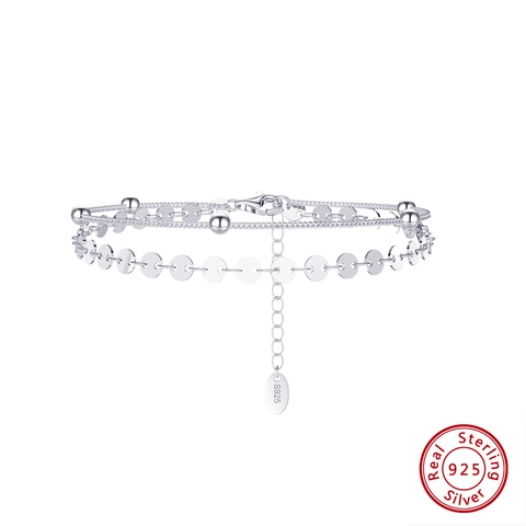 Bracelet Double Couche En Argent Sterling 925 Paillettes Rondes Perles Bijoux Minimalistes Délicats Pour Femmes Cadeau Élégant