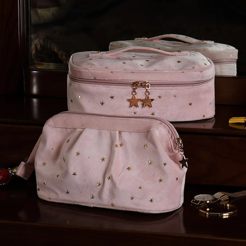 Velvet Cosmetic Bag Toiletry Pouch Gold Stamping Star Pattern Portable Makeup Organizer Travel Wash Bag Starry Style
