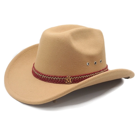 Western Cowboy Hat Woolen Felt Woven Band Metal Logo Breathable Party Headwear For Men Women