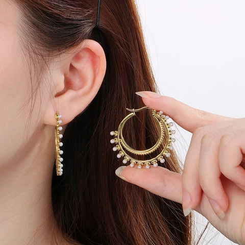 Geometric Double Hoop Earrings Stainless Steel With Shell Artificial Pearl And Rhinestones Retro Bohemian Style For Women